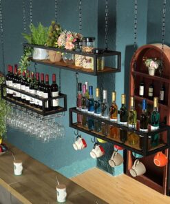 Casier à vin, étagère de décoration de Plafond de Cuisine, Support de Bouteille de vin Suspendu Vintage, étagères flottantes en Bois, Distributeur de vin de Bar Butler pour Bar, CU