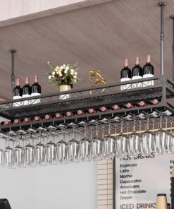 Étagère à vin ronde industrielle suspendue, étagères flottantes pour bar, étagère à vin inversée avec perche, étagère à vin de plafond avec support pour verres à vin, pour bar, café, cuisine