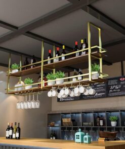 Casier à vin avec présentoir Suspendu à 2 Niveaux, Rangement au Plafond et au Mur pour Verres et Bouteilles de vin, Design Multifonctionnel pour Bars et Cuisines