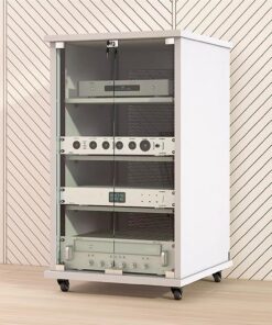Rack Audio AV À 4 Niveaux, Meuble Stéréo avec Étagères en Bois Réglables en Hauteur, Meuble Audio Vidéo Fermé Mobile, Portes en Verre Trempé, Gestion des Câbles(Wit,20u)