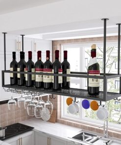 Casier à Verres à vin au Plafond, Porte-Bouteilles de vin Suspendu en Fer, Armoire à étagères à vin suspendues réglables en Hauteur de 11,8 à 23,6 Pouces, casier à vin Mural Parfait pour Bar