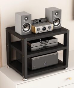 Meuble Hi FI Moderne, Meuble Rack Audio AV Noir, Meuble Stéréo avec Rangement Ouvert et Spacieux, Meuble Vidéo avec Coussinets de Pied, Cadre en Acier Robuste(3 Tier 50x35x35.5CM)