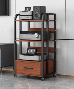 Système de Rack stéréo réglable en Hauteur/étagère de Rack d'amplificateur, Armoire de Composants Audio/vidéo Robuste avec Roues et tiroir pour Tourne-disques/boîtier TV, Tour Audio HiFi(A)