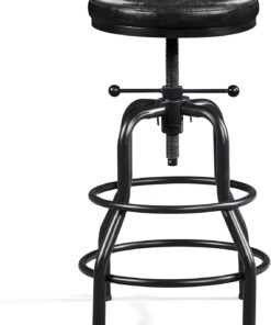 Yaheetech Tabouret de Bar Industriel en Similicuir Tabouret Haut Rond Réglable en Hauteur avec Deux Repose-Pieds Chaise de Cuisine avec Cadre en Métal pour Cuisine Restaurant Bistrot Noir