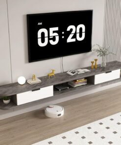 Meuble TV Flottant, Console Multimédia Murale avec 2 Tiroirs | Convient aux téléviseurs de 43 à 98 pouces, Coins arrondis, bois massif, rangement ouvert(Gray 2,160CM/63IN)