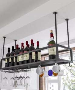 Porte-Bouteilles de vin Suspendu en métal pour Bar, étagère de Plafond avec étagères de Rangement flottantes, Support Mural pour Verres à vin, Design Noir Moderne (100 cm)