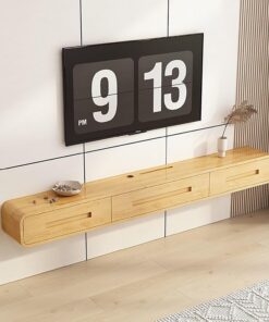 Étagère TV flottante, meuble TV flottant en bois massif avec porte et 2 tiroirs, console multimédia murale pour centre de divertissement avec trous pour câbles, clapier de rangement sous TV,