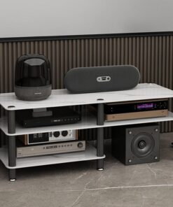 Meuble HiFi à 3 Niveaux, Meuble stéréo avec comptoir en Dalle de Pierre, Meuble Audio Vidéo, Pieds d'armoire en Acier au Carbone, Meuble Rack Audio Un Poids jusqu'à 100 kg(Wit)