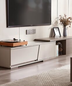 Meuble TV extensible moderne avec comptoir en dalle de roche - Centre de divertissement sur pied pour le salon - Meuble de télévision rétractable avec rangement - Console multimédia