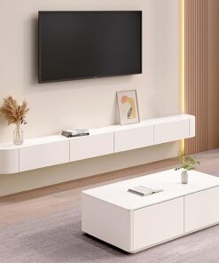 Meuble TV Flottant Avec Tiroirs Étagère Console Multimédia Murale Centre Divertissement Sous La Télévision Étagère TV Murale Avec 2 Tiroirs Table Rangement En Bois Pour Salon Chambre À Coucher(White,1