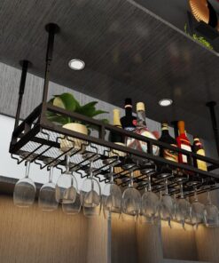 Casier à vin de Plafond et Support pour Verre à vin, casier à vin en métal avec Support pour Verre, Support réglable pour Bouteille de vin Suspendu pour Bars, cafés, Cuisines, Noir