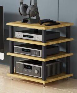 Meuble Hi Fi Ouvert, Meuble Rack Audio avec Clous Amortisseurs, Meuble Stéréo avec Cadre en Acier, Meuble de Rangement Vidéo, pour Composants Stéréo de Divertissement(Natural,4 tier 40x35x4