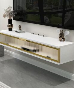 Meuble TV mural, petit meuble TV, console TV flottante, centre de divertissement, meuble TV avec porte en verre rabattable, pour chambre à coucher, salle multimédia, petit salon (couleur : b