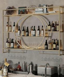 Étagère murale pour bar à vin avec design fin et placard supérieur pour bar à domicile Doré (dimensions : 120 x 15 x 80 cm)