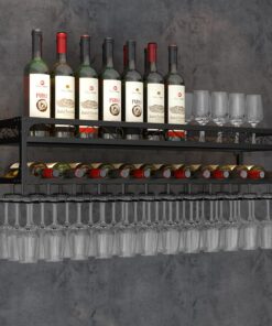 Casier à vin Mural en métal avec Porte-Verres – Étagères à Liqueur Modernes pour Bar à Domicile – Étagère de Rangement pour Bouteilles de vin (59 po)