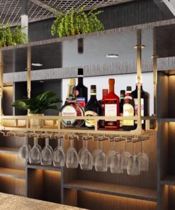 Porte-Bouteilles de vin Suspendu avec Verres à Pied pour Bars, Restaurants et Cuisines, Support à vin en métal doré pour Montage Mural ou au Plafond (80 x 35 x 16 cm)