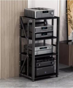 Meuble multimédia avec étagères réglables – Récepteur stéréo à 4 niveaux pour console de jeux et de tourne-disques dans le bureau, le salon, la cuisine