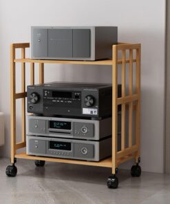 Support Audio, Support stéréo en Bambou Naturel à 2 Niveaux à Hauteur réglable avec roulettes pour la Maison, Le Bureau et Le cinéma. Meuble multimédia Audio Mobile avec étagère en Bois. Éta