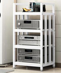 Meuble Hi-FI Audio à 4 Niveaux avec Pieds réglables, Support multimédia, Meuble de Sol pour Composants AV, idéal pour Le Salon et Le Studio d'enregistrement, Finition Blanche.