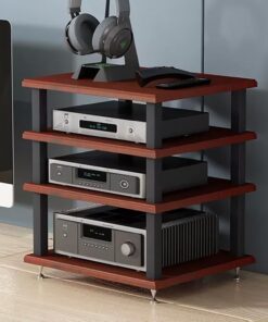 Meuble Hi Fi Ouvert, Meuble Rack Audio avec Clous Amortisseurs, Meuble Stéréo avec Cadre en Acier, Meuble de Rangement Vidéo, pour Composants Stéréo de Divertissement(Brown,4 tier 40x35x45C