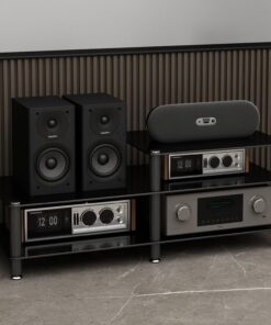 Meuble Hi FI, Meuble Audio Vidéo sur Pied, Meuble stéréo à 2 Niveaux, for Composants stéréo de Divertissement, avec Pieds réglables(Nero)