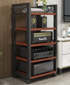 Meuble Rack Audio À 5 Niveaux, Meuble Hi FI Mobile, Étagères Réglables, Meuble Audio Vidéo, 50 × 40 × 108 cm, Meuble Stéréo Moderne avec Cadre en Acier(Brown)