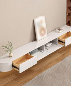 Générique Meuble TV Flottant Moderne avec Rangement - Centre de Divertissement Mural pour Appartements, Console multimédia élégante avec étagères Ouvertes et Compartiments cachés, Blanc 140 cm