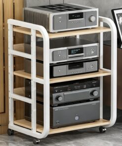 Meuble pour Platine Vinyle/Lecteur CD à Trois Niveaux, réglable et sur roulettes, adapté aux Bureaux à Domicile et aux Home cinémas, Blanc, Peu encombrant, Dimensions : 50 x 42,5 x 70 cm.