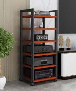 Support multimédia à 6 niveaux – Support audio/vidéo mobile pour lecteur CD et composants stéréo – Étagères en bois réglables en hauteur – Armoire de rangement pour maison/bureau/théâtre