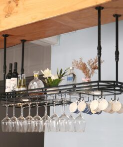 Casier à vin et Porte-Verres montés au Plafond avec lumières, étagère à vin Industrielle réglable pour Mur, Porte-Verres à vin Suspendu pour Bar Cuisine
