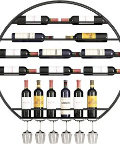 Casier à vin Circulaire fixé au Mur avec Support de Verre Suspendu, Armoire à Liqueur élégante pour la Maison, Le Bar, la Salle à Manger, Le café, Les étagères de Bar à vin Noires