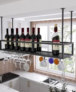 Casier à vin Suspendu, Porte-Bouteilles de Plafond en métal, Support de Stockage de vin d'affichage Vintage avec étagère en Verre à Pied pour sous Le Meuble, Cuisine, Bar, Hauteur