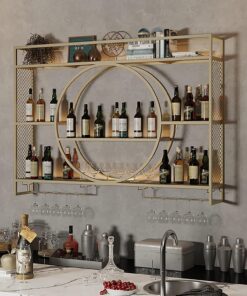 Casier à vin Mural avec Support en Verre, Porte-Bouteille en métal, étagères flottantes pour Bar à 3 Couches, étagère de Rangement multifonctionnelle, présentoir de Rangement pour