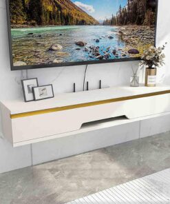 Meuble TV flottant à fixation murale – Console multimédia haute brillance avec porte à rabat supérieure pour salon, chambre à coucher – Meuble TV moderne, étagère de rangement