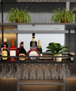 Casier à vin Suspendu au Plafond avec Support pour Verres à Pied, étagère à Verres à Pied inversée pour Bars et Cuisines, Support de Rangement pour Bouteilles de vin pour Bars et cafés à dom