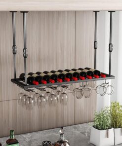 Porte-Bouteilles, casier à vin Suspendu au Plafond, avec Support pour Verres à Pied, Support décoratif en métal pour Bar de Cuisine, casier à vin inversé (60 x 30 cm)