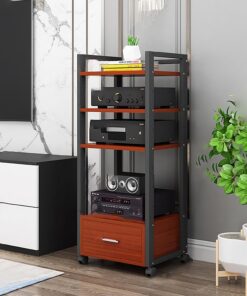 Rack Stéréo Armoire AV Moderne Support Multimédia avec Tiroir Support Audio sur Pied à 3/4/5 Couches avec Roues Universelles pour Le Salon La Salle de Jeux Le Studio D'enregistrement.(Walnut,61x40x120