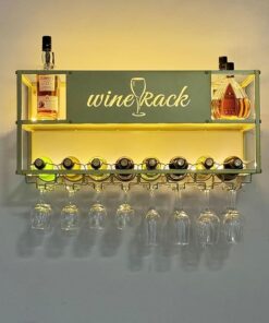 Casier à vin Mural avec éclairage LED, avec Support de Verre à vin Suspendu, étagères flottantes en métal, présentoir pour Bouteilles d'alcool, étagères de Rangement Grande capacité pour Bar