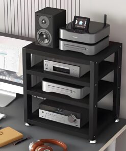 Meuble Rack Audio à 3/4 niveaux, Meuble HiFi, Meuble Audio Vidéo multimédia AV ouvert, support audio avec étagères en bois réglables en hauteur for consoles de jeu/Apple TV/ps4(Nero,17.7"x13.7"