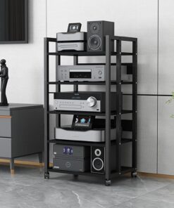 Chariot de rangement mobile multifonction à 5 niveaux, support pour lecteur DVD et CD, support pour amplificateur, composant audio et vidéo, support multimédia avec 5 étagères en bois pour l