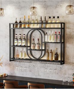 Étagère à vin Murale Flottante avec éclairage LED, Support pour Verres à vin et Bouteilles d'alcool, étagère de Rangement de Grande capacité pour Bar, Cave à vin, décoration de Cuisine, étag