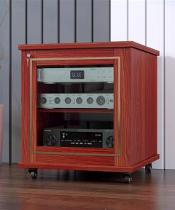 Rack Audio, Meuble Stéréo avec Étagères Réglables, Meuble Hi FI Multimédia en Bois avec Portes en Verre, Gestion des Câbles, Meuble Rack Audio(Pearwood,2-Tier)