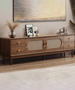Meuble TV en Rotin, Banc TV avec Portes et Tiroirs en Rotin, Trous de Câblage, Support TV, Armoire TV,Console Multimédia, pour Salon, Chambre À Coucher(160cm/62.9in)