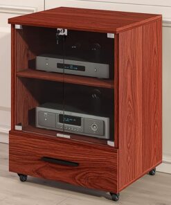 Meuble Stéréo, Meuble Hi FI avec Tiroir, Meuble Audio Vidéo Mobile, Meuble de Rangement Multimédia avec Porte en Verre Trempé, Support TV avec Trous pour Câbles(Brown,2 Tier 60x52x77CM)