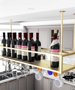Casier à vin de Plafond avec Support de Verre Suspendu, Support de Rangement Mural en métal pour Bouteilles, étagère à vin, étagères pour Bars, Cuisine, Support de Verres à Pied, c