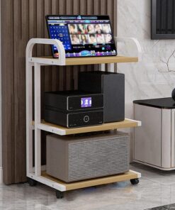 Support Multimédia Support Audio sur Pied Présentoir Audio Meuble TV D'angle Mobile Support Audio Sur Pied avec Roues Universelles Facile à Assembler pour Salon Studio D'enregistrement.(Original wood,