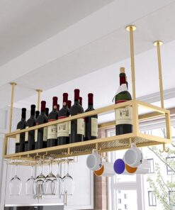 Casier à vin de Plafond et Support de Verre à vin Supports à Verres à vin Suspendus en métal avec Support de Verre Verres à Pied pour Bar café Cuisine Restaurant, Cadre en Fer forg