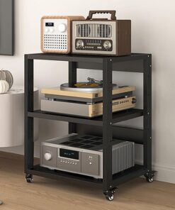 Meuble TV Moderne en métal avec étagères réglables et roulettes, fabriqué en Acier galvanisé, adapté pour Les équipements TV et Audio (3 étagères, 55x50x69,5CM).