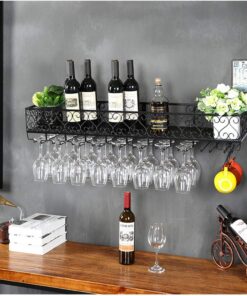 Casier à vin rétro pour la Maison/Bar avec Support en Verre, Support Mural pour Bouteille de vin en métal, Support de Rangement pour Verres à Pied Suspendu, étagère à vin pour Bar/Cuisine/AR