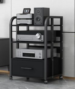 YVYKFZD Meuble Rack Audio AV à 3/4 niveaux, Meuble HiFi armoire de composants d'étagère d'angle mobile, Meuble Audio Vidéo avec tiroir et étagères réglables, Meuble stéréo multimédia ouverte(Size:3 Ti